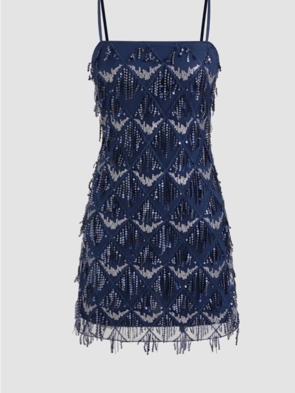 Cider Navy Beaded Fringe Spaghetti-Strap Mini Dress